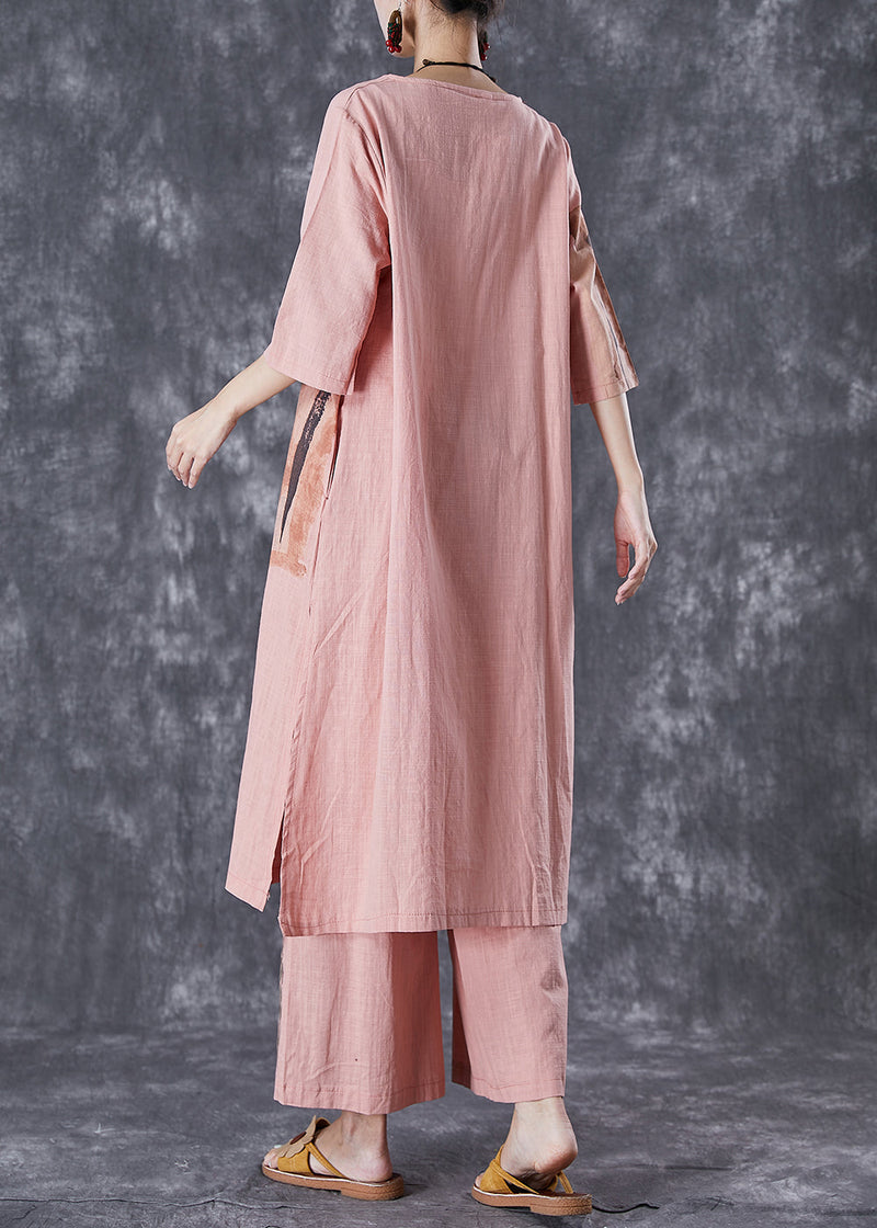 Brick Red Print Linen Dress and Pants Two Piece Set Outfits Side Open Summer