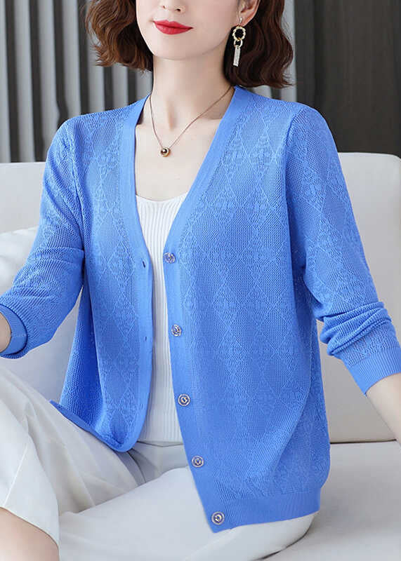 Blue V Neck Ice Silk Knit Loose Coat Fall