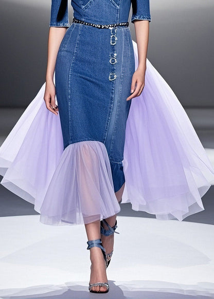 Blue Cold Shoulder Tulle Patchwork Denim Dresses Summer