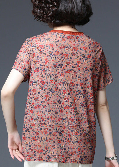 Orange V Neck Print Patchwork Tank Tops Short Sleeve
