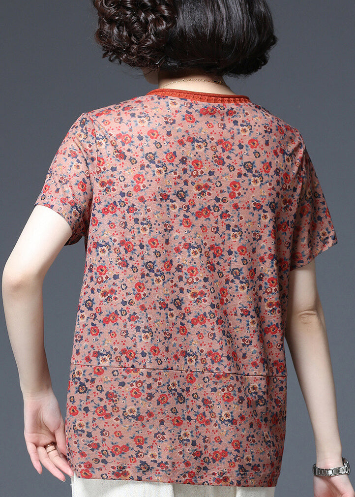 Orange V Neck Print Patchwork Tank Tops Short Sleeve