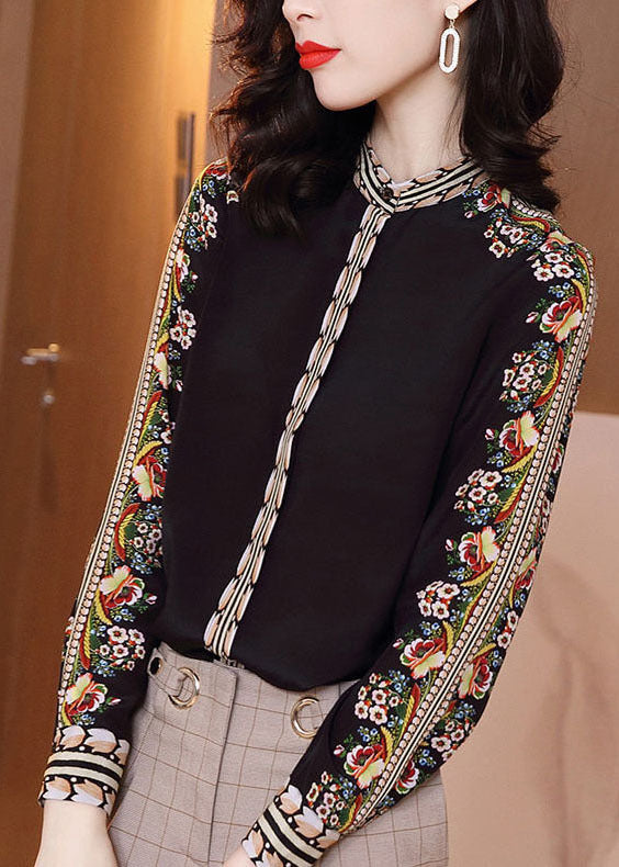 Black Stand Collar Print Chiffon Shirt Top Long Sleeve