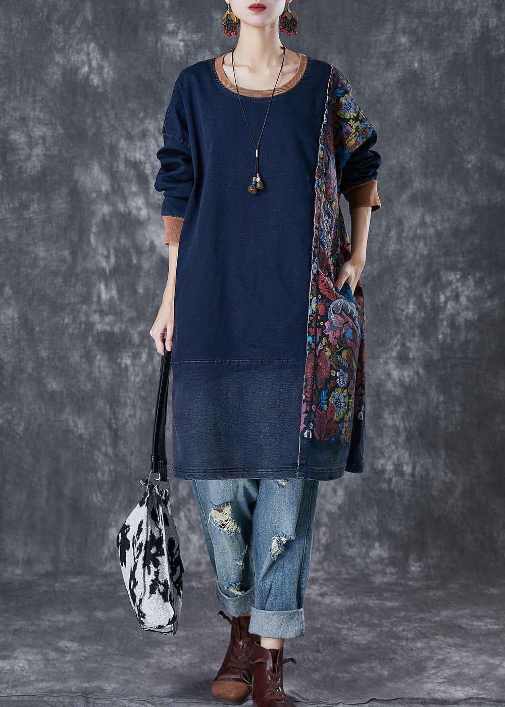 Style Navy Asymmetrical Patchwork Cotton Pullover Dress Fall