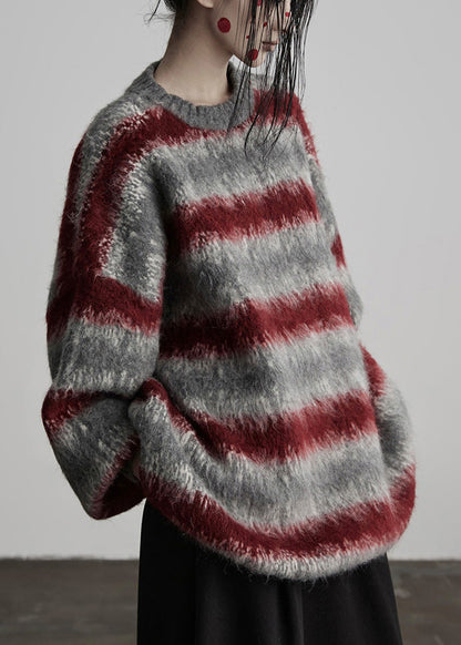 Grey Oversized Striped Knit Short Sweater Winter