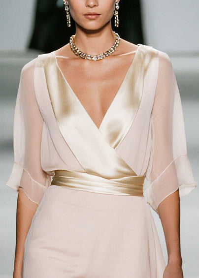Apricot V Neck Patchwork Chiffon Work Dress Summer