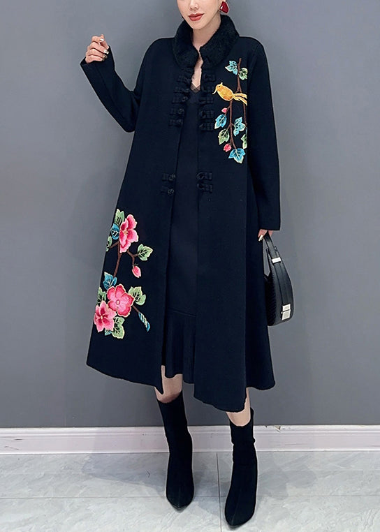 Black Button Print Patchwork Cotton Knit Coats Long Sleeve