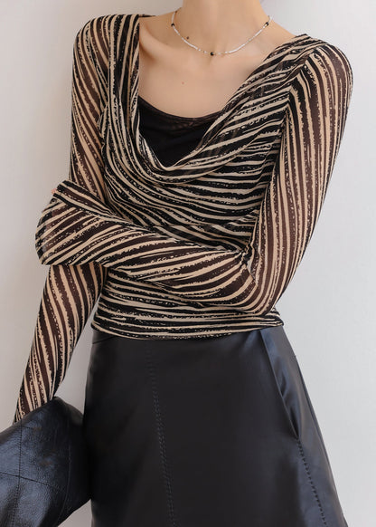 Black Khaki Striped Draped Neckline Top Spring
