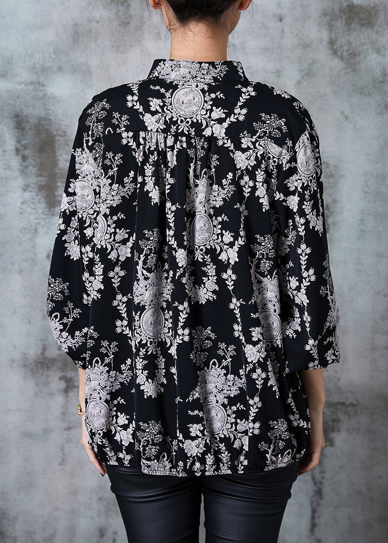 Black Stand Collar Print Chiffon Shirts Summer