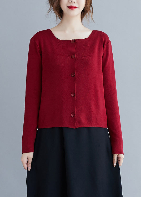 Red O Neck Button Patchwork Knitting Cotton Cardigan Fall