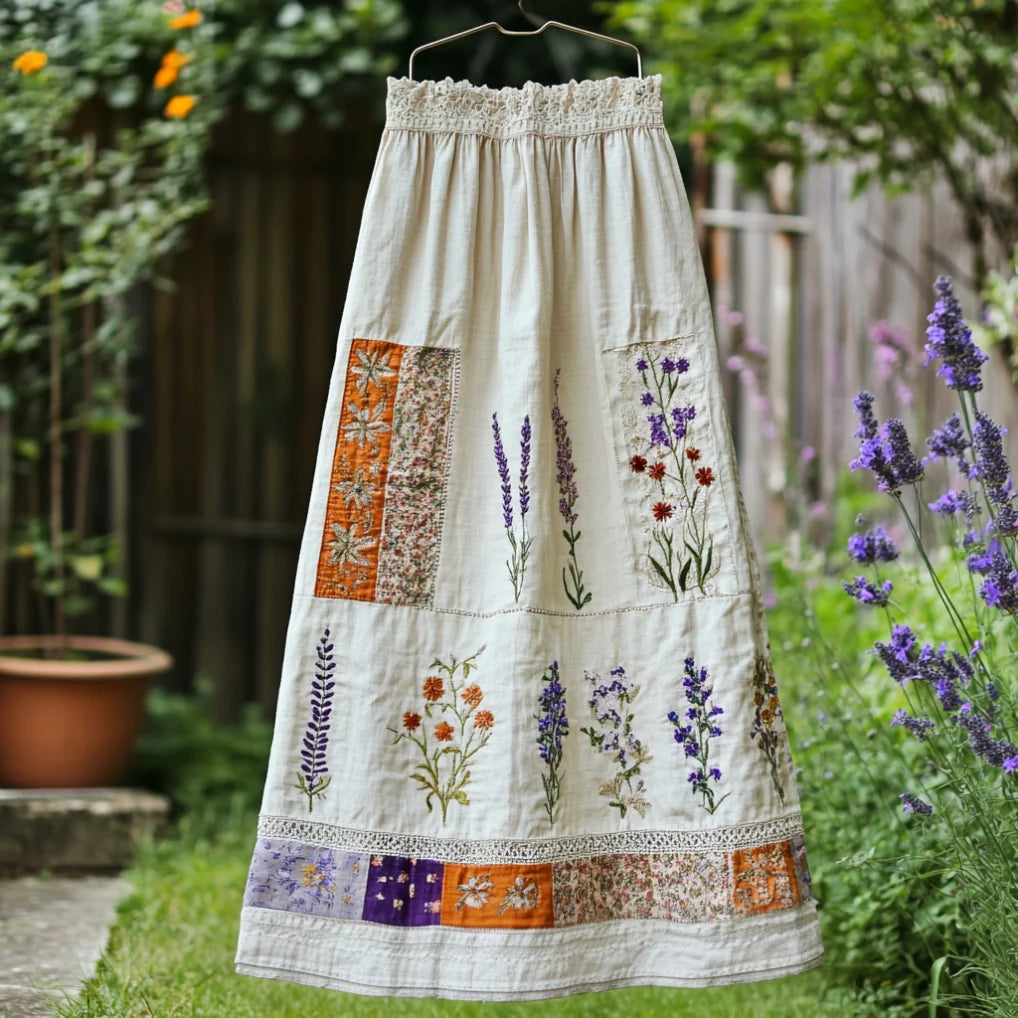Women's Lace Flowers Embroidery Art Linen Blend Skirt artswardrobe