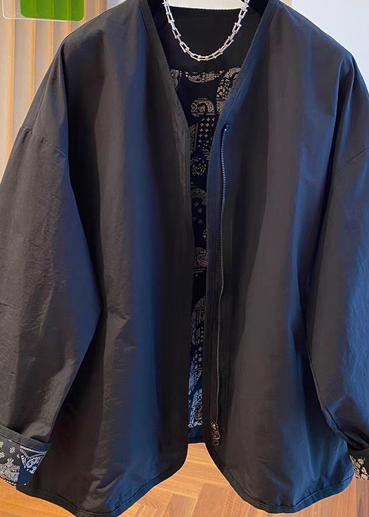 Black Zip Up Patchwork Cotton Jackets Fall