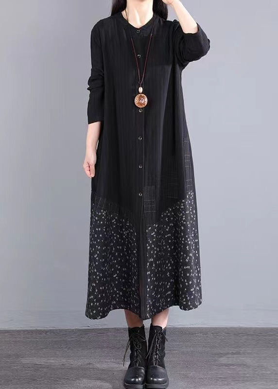 Black Stand Collar Button Patchwork Cotton Dress Fall
