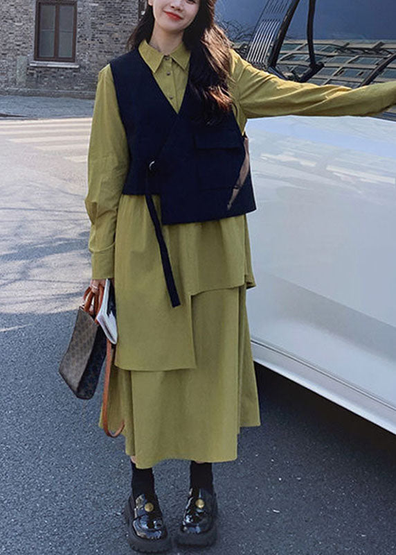 French Patchwork Black Waistcoat and Green Long Dress Two Pieces Set Long Sleeve