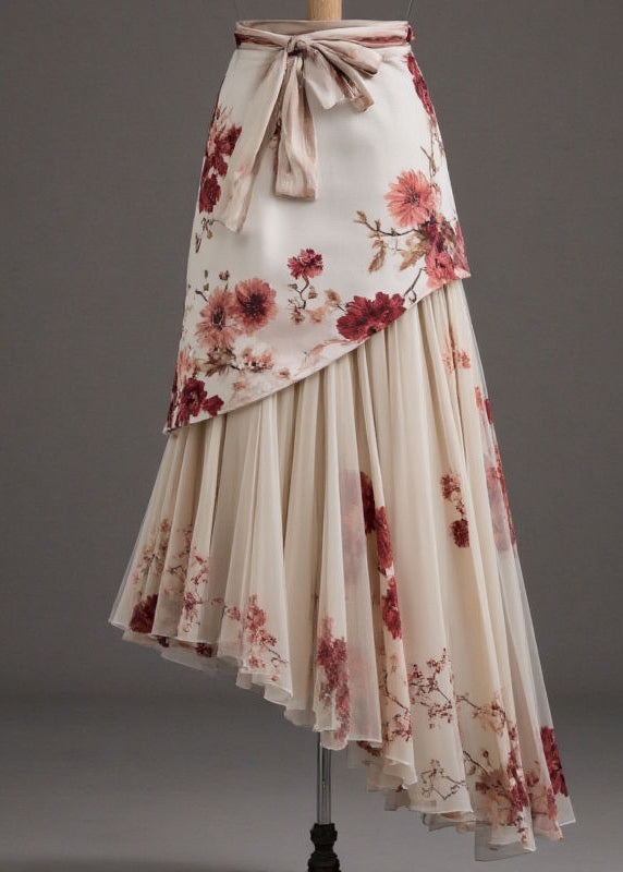 Apricot Patchwork Tie Waist a Line Skirts Summer