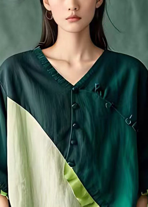 Blackish Green Button Patchwork Linen Top Butterfly Sleeve