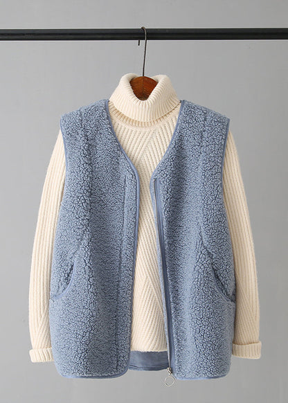 Coffee V Neck Zippered Faux Fur Waistcoat Fall