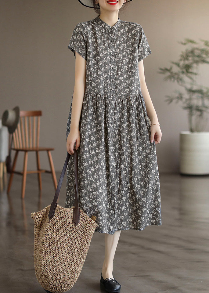 Retro Grey Stand Collar Print Linen Long Dresses Summer
