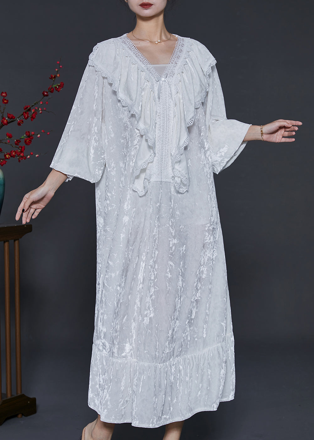 French White V Neck Ruffles Silk Velour Long Dress Fall