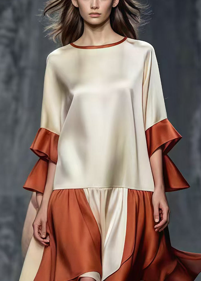 Champagne Oversized Patchwork Draping Silk Dresses Summer