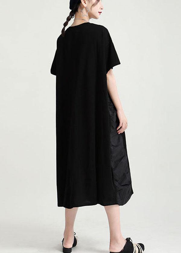 Black Cinched O-neck Patchwork Summer Button Dresses