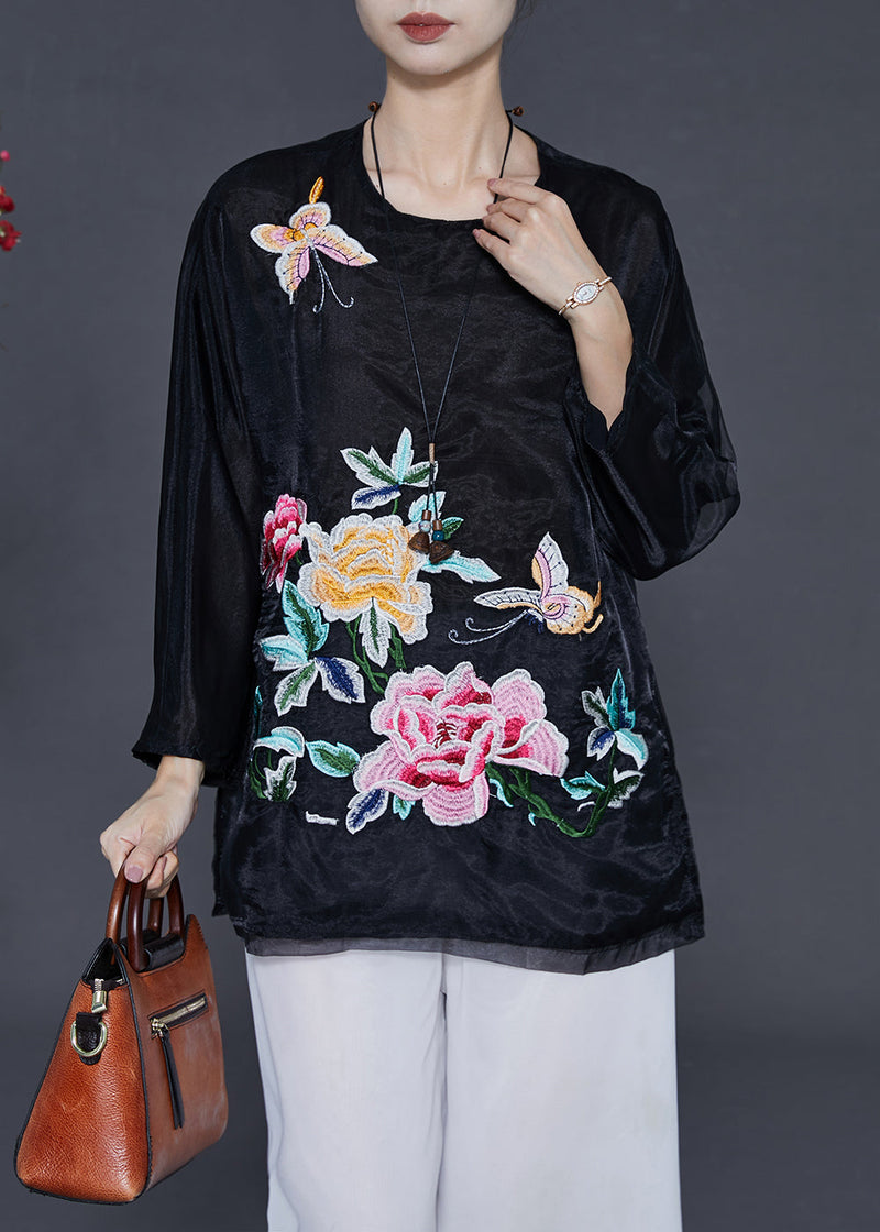 Black Organza Shirt Tops Embroidered Butterfly Summer