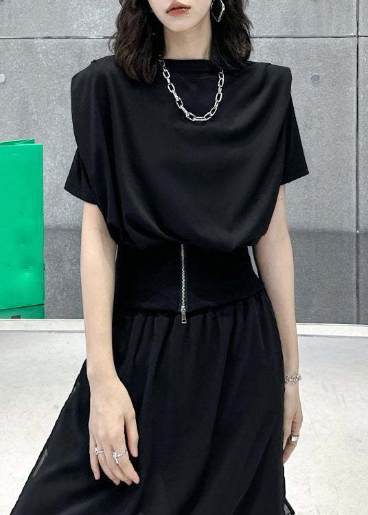 Black O-neck Zip Up Patchwork Cotton T Shirt Top Summer