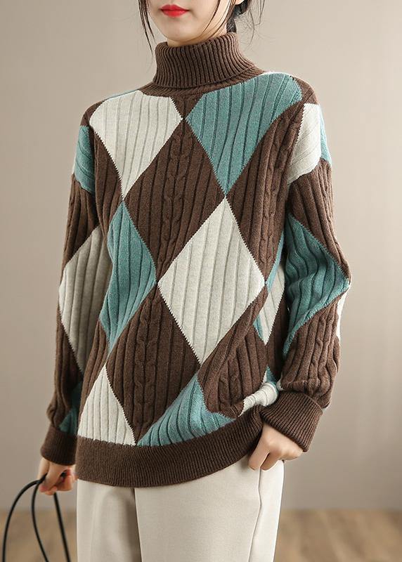 Chocolate Green Plaid Sweaters High Neck Clothes