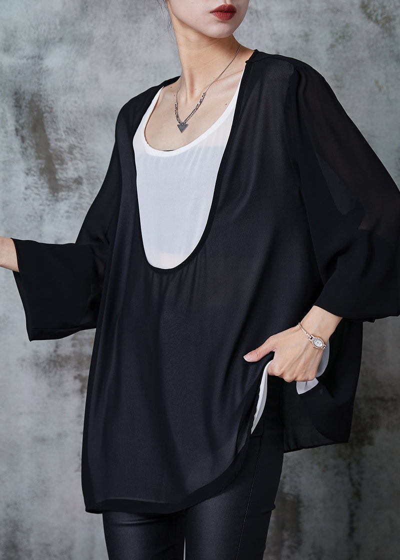 Black Oversized Patchwork Chiffon Sweatshirts Top Summer