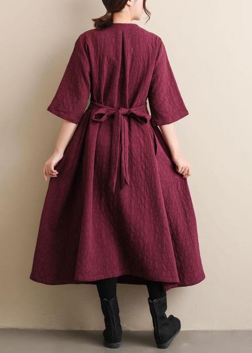 Natural V Neck Cinched Spring Quilting Clothes Pattern Burgundy Maxi Dress