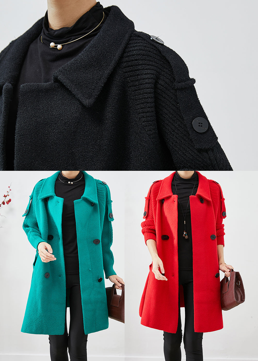 Red Oversized Knit Patchwork Woolen Coat Fall