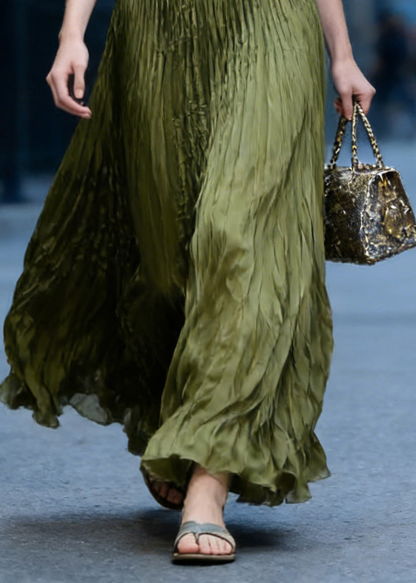 Green High Waist Wrinkled Chiffon Skirts Spring