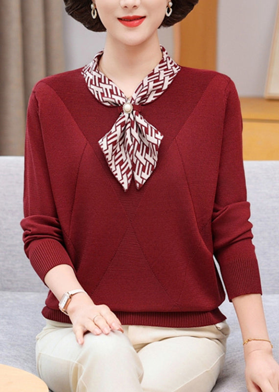 Red Bow Plaid Cotton Knit Sweaters Fall