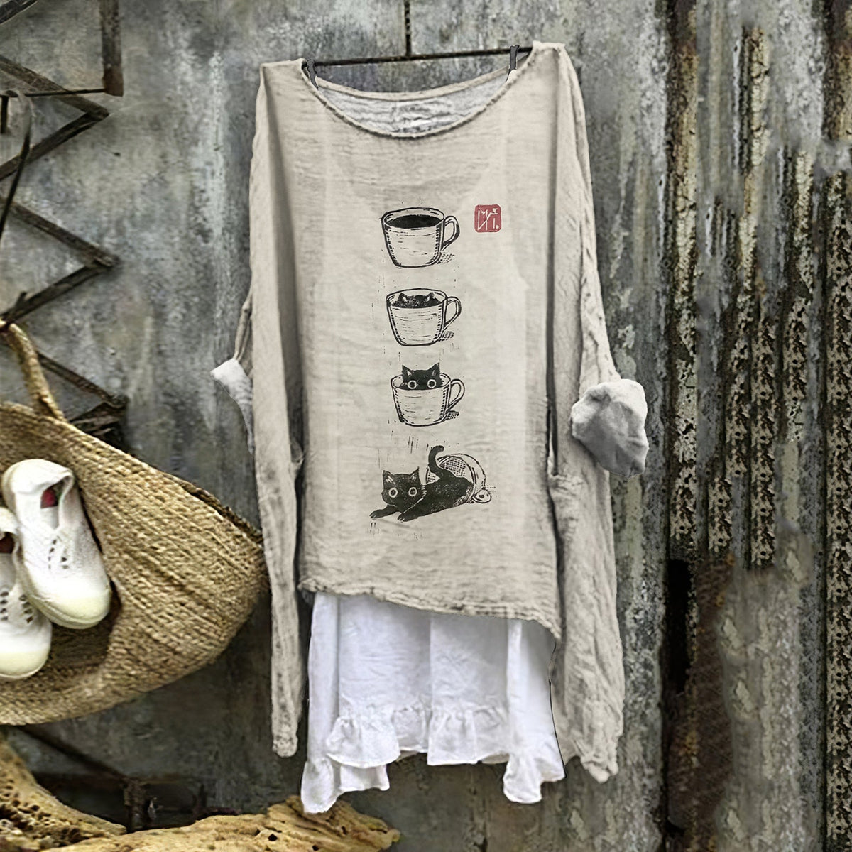 Women's Cat Coffee Cup Japanese Art Painting Print Blouse elevenforest