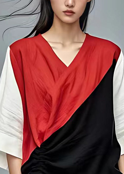 Red Lace Up Patchwork Cotton T Shirt Bracelet Sleeve