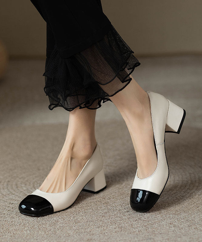 French Beige Splicing Chunky Heel Loafers for