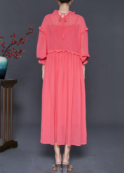 Brick Red Ruffled Chiffon Ankle Dress Spring