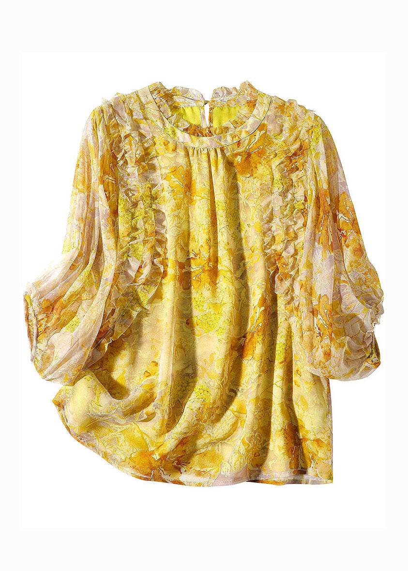 Yellow Ruffled Print Silk Blouse Tops Bracelet Sleeve