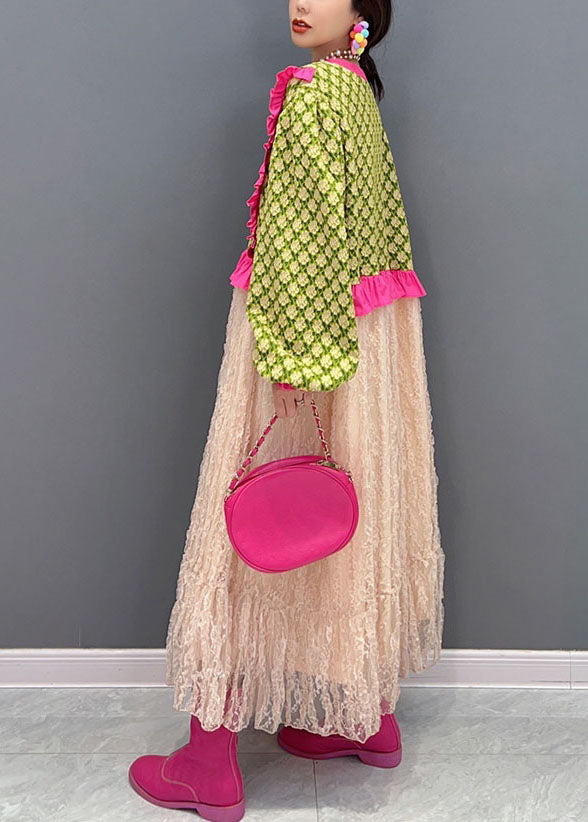 Art Green O-neck Ruffled Patchwork Tulle Maxi Dresses Fall