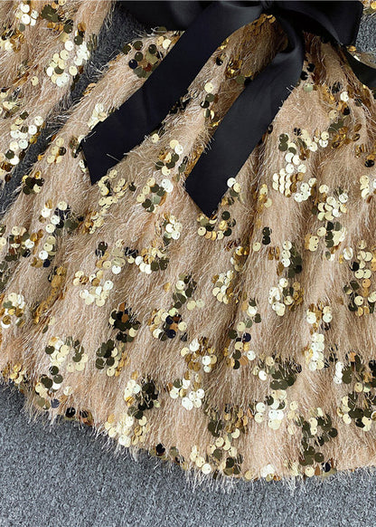 Vogue Yellow O-neck Tassel Sequins Bow Fuzzy Fur Fluffy Mid Dresses Spring
