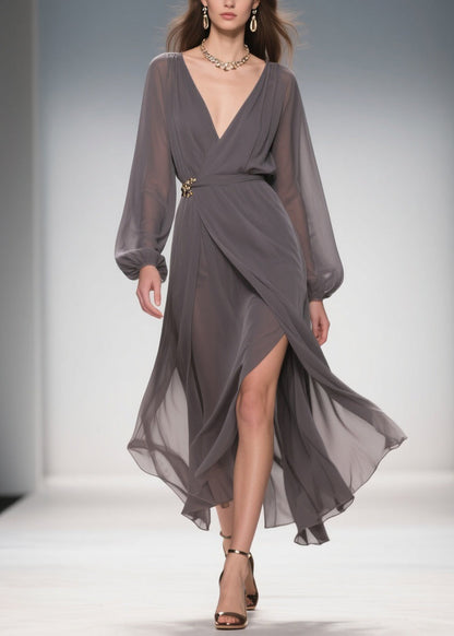 Slim Fit Smoky Gray V Neck Side Open Chiffon Long Dress Spring