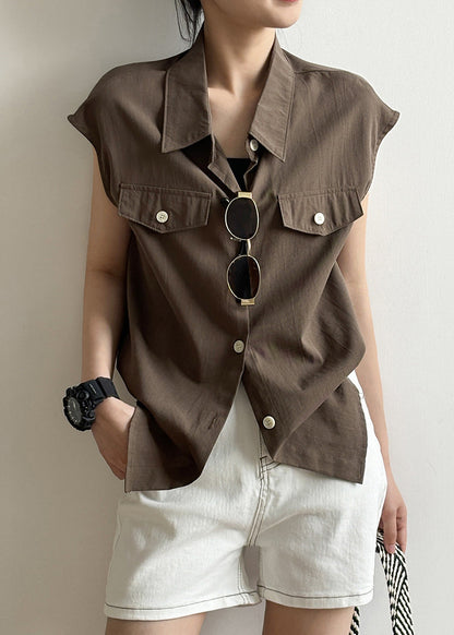 Coffee Peter Pan Collar Button Cotton Shirt Tops Summer