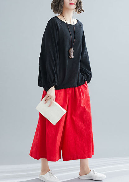 Black O Neck Wrinkled Patchwork Cotton Top Spring