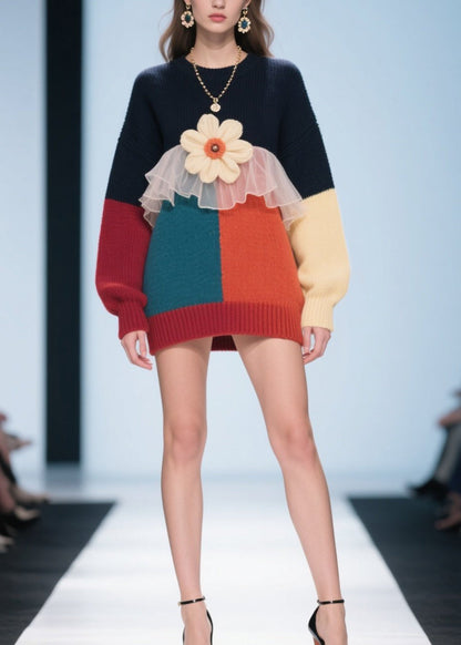 Colorblock O Neck Tulle Patchwork Knit Pullover Fall