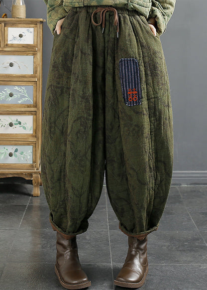 Retro Green Embroideried Elastic Waist Fine Cotton Filled Lantern Pants Winter