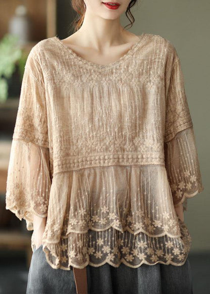 Loose Khaki O-neck Embroideried Patchwork Summer Shirts Half Sleeve