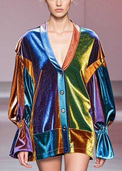 Multicolour V Neck Patchwork Silk Velvet Coats Fall