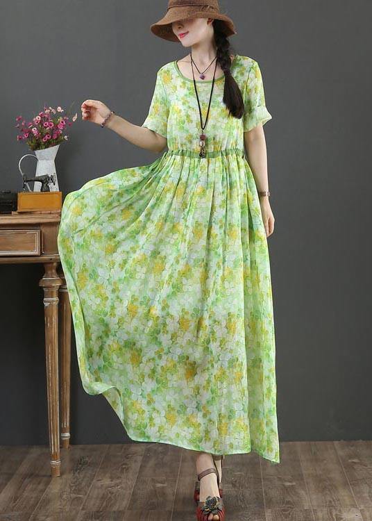 Green Print Linen Tie Waist Summer Dress
