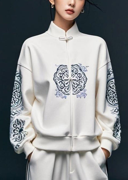 White Print Cotton Pullover Sweatshirt Stand Collar Fall