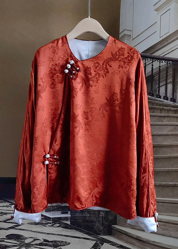 Orange Chinese Button Jacquard Patchwork Silk Blouses Spring