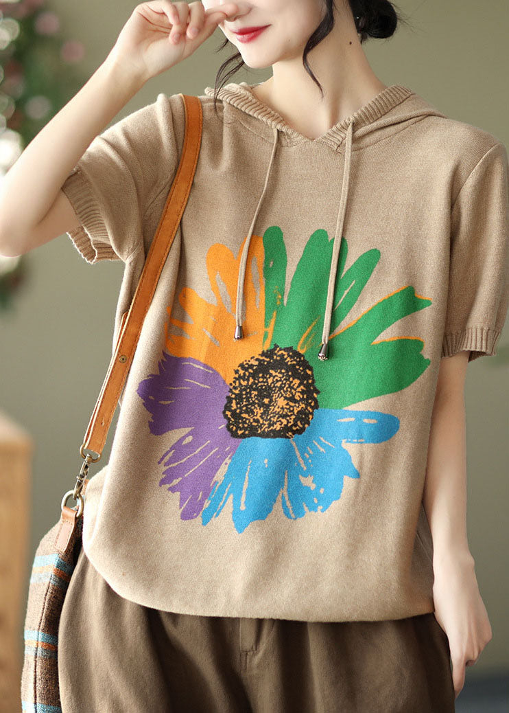 Khaki Print Knit Tank Tops Drawstring Short Sleeve